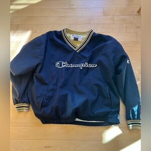 Vintage 1990s Champion Pullover Embroidered Windbreaker V-neck Blue Gold Size XL